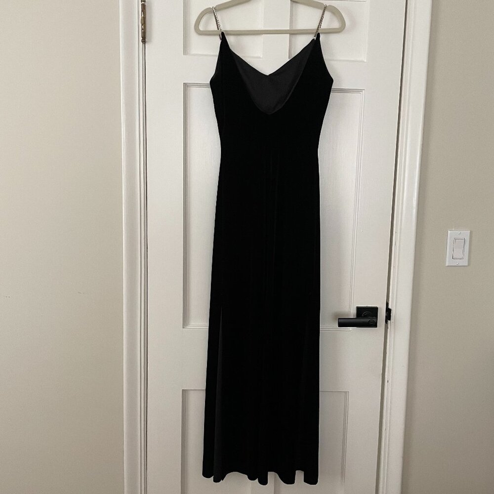Vintage Black Velvet Evening Dress with Sequin Straps Size S/M with Side Slit